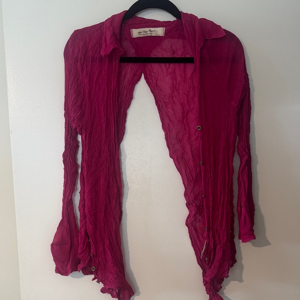 We The Free Open Front Button-Accent Sheer Top/Cover Up in Deep Magenta
